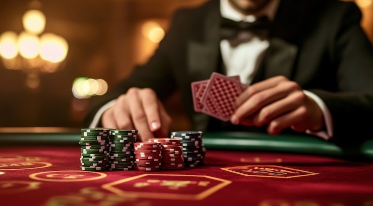 Detail meja Blackjack dengan dealer langsung